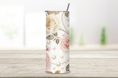 rose pearl design, elegant floral wrap, 3d rose pearls, watercolor pearl design, 20oz skinny tumbler, tapered tumbler wrap, straight tumbler design, elegant rose art, seamless 3d design,   seamless rose pearl tumbler, elegant floral tumbler wrap