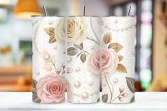 rose pearl design, elegant floral wrap, 3d rose pearls, watercolor pearl design, 20oz skinny tumbler, tapered tumbler wrap, straight tumbler design, elegant rose art, seamless 3d design,   seamless rose pearl tumbler, elegant floral tumbler wrap