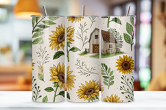 seamless tumbler wrap, rustic sunflower design, farmhouse floral wrap, watercolor greenery design, 20oz skinny tumbler, tapered tumbler wrap, straight tumbler design, farmhouse sunflower art, seamless rustic design, sunflower watercolor wrap
