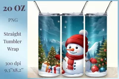 Christmas tumbler design with cute snowman on snowy magical background and Christmas trees. Sublimation Christmas Wrap Design