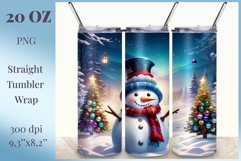 Christmas tumbler design with cute snowman on snowy magical background and Christmas trees. Sublimation Christmas Wrap Design