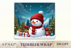 Christmas tumbler design with cute snowman on snowy magical background and Christmas trees. Sublimation Christmas Wrap Design