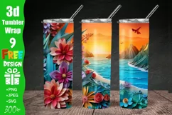 3D Sunrise Beach Landscape 20 oz Skinny Tumbler Sublimation Design, 3d Tumbler Wrap | 3d Paper Craft Tumbler Wrap PNG | Full Wrap Design | 20oz Tumbler Wraps, 3D Beach Tumbler Wrap, 3D Beach Landscape 20 oz Skinny Tumbler