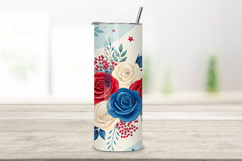 seamless tumbler wrap, patriotic floral design, red white blue wrap, watercolor rose design, 20oz skinny tumbler, tapered tumbler wrap, straight tumbler design, USA floral art, patriotic rose wrap, seamless patriotic design
