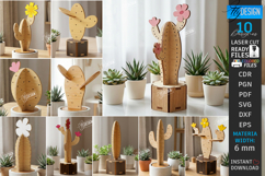 3D Wooden Cactus Laser Cut Bundle | Succulent Desk Decor SVG Product Image 1