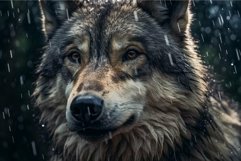 Close-up of a captivating wolf&#039;s face as raindrops fall, hig Product Image 1