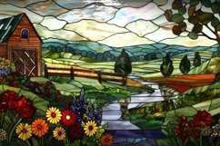 Stained Glass Flowers and Farmhose Background Wallpaper Product Image 1