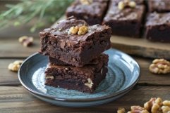 Delicious walnut brownies on rustic table Product Image 1