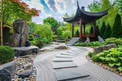 Serene asian garden with pathway and pavilion Product Image 1