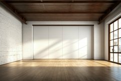 Sunlit empty loft space with white wall and wooden floors Product Image 1