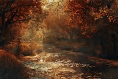 Majestic autumnal forest with serene river at golden hour, e Product Image 1