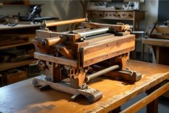 Antique wooden printing press on workshop table Product Image 1