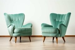 Twin vintage teal armchairs in modern interior Product Image 1