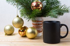 Black coffee mug mockup with golden red Christmas ornaments Product Image 2