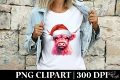 Pink Highland Cow with Santa Hat, PNG Product Image 4