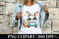 Easter Bunny Driving a Green Car Egg Flower Sun , Clipart Product Image 4