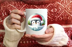 Winter Scene Penguin Portrait with Santa Hat Round Ornament Product Image 3