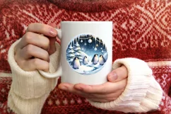 Watercolor Winter Scene with Penguins and Snow Flakes Product Image 4