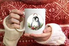Watercolor Penguin Round Christmas Ornament Sublimation PNG Product Image 1