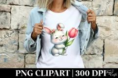 Bunny Holding a Tulip Flower, Clipart |T-shirt, Mug PNG Product Image 3