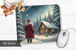 Santa by Snow-Covered Cabin and Stars Mouse Pad Sublimation Product Image 1