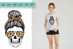Mom life Skull Svg, Messy Bun Skull with leopard print Svg Product Image 2