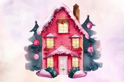 Pink Christmas House Watercolor Clipart PNG Product Image 5