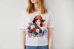 French Girl with Red Hat &amp; Flowers | Watercolor Bastille Day Product Image 3