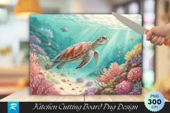 Sea Turtle in Vibrant Coral Reef Cutting Board PNG Design Product Image 1