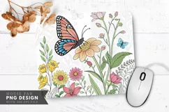 Butterfly and Flowers Coloring Mouse Pad PNG Design Product Image 1