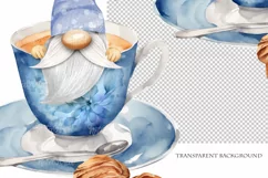 Watercolor gnome in a mug of tea with cookies, Gnome PNG Product Image 4