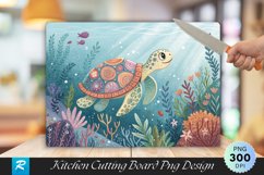 Whimsical Ocean Turtle with Underwater Cutting Board PNG Product Image 1