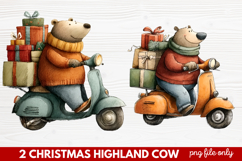 2 Christmas Highland Cow Clipart | Rustic Festive Cow PNG Product Image 1