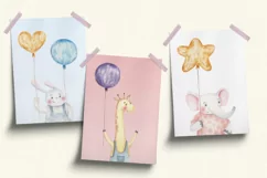 Funny animals with air balloons, childish watercolor Product Image 2