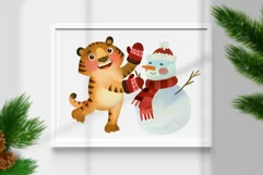 Tiger with Snowman, Funny Christmas 2022 watercolor clipart Product Image 2