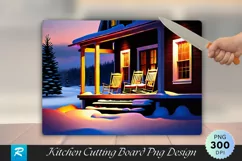 Snowy Farmhouse Porch with Rocking Chairs Cutting Board PNG Product Image 1