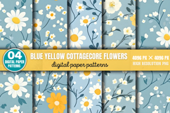 Blue Yellow Cottagecore Flowers Pattern Digital Background P Product Image 1