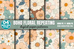 Boho Floral Repeating Patterns Digital Paper Background PNG Product Image 1