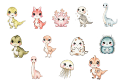Kawaii Sea Creatures &amp; Dinosaurs Watercolor Clipart Product Image 4