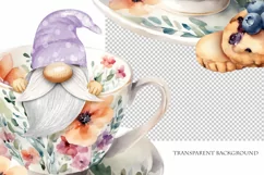 Watercolor gnome in a mug of tea with cookies, Gnome PNG Product Image 4
