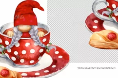 Watercolor gnome in a mug of tea with cookies, Gnome PNG Product Image 4