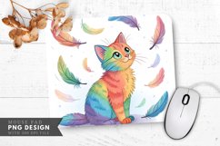 Colorful Whimsy Rainbow Cat and Feathers Mouse Pad PNG Product Image 1