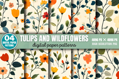 Tulips And Wildflowers Patterns Digital Paper Background PNG Product Image 1