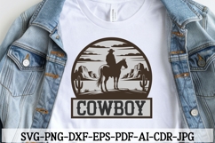 Western cowboy wall sign SVG design showing a horse rider in rustic ranch style. Perfect for Cricut, Glowforge, Silhouette, farmhouse wall art, and western décor projects.