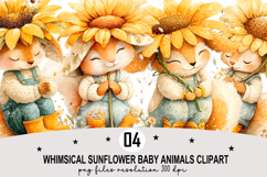 Whimsical Sunflower Baby Animals Clipart Watercolor png Product Image 1