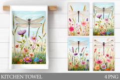 Dragonfly Kitchen Towel. Flowers Kitchen Towel Sublimation Product Image 1