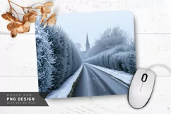 Snowy Cottage with Frosty Trees Mouse Pad PNG Product Image 1