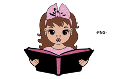 Cute Girl Reading Book SVG PNG PDF Clipart Glitter Pink Bow Product Image 4