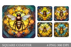 Stained Glass Bee Coaster. Bee Square Coaster Sublimation Product Image 1