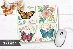 Butterfly and Floral Coasters Mouse Pad PNG Design Product Image 1